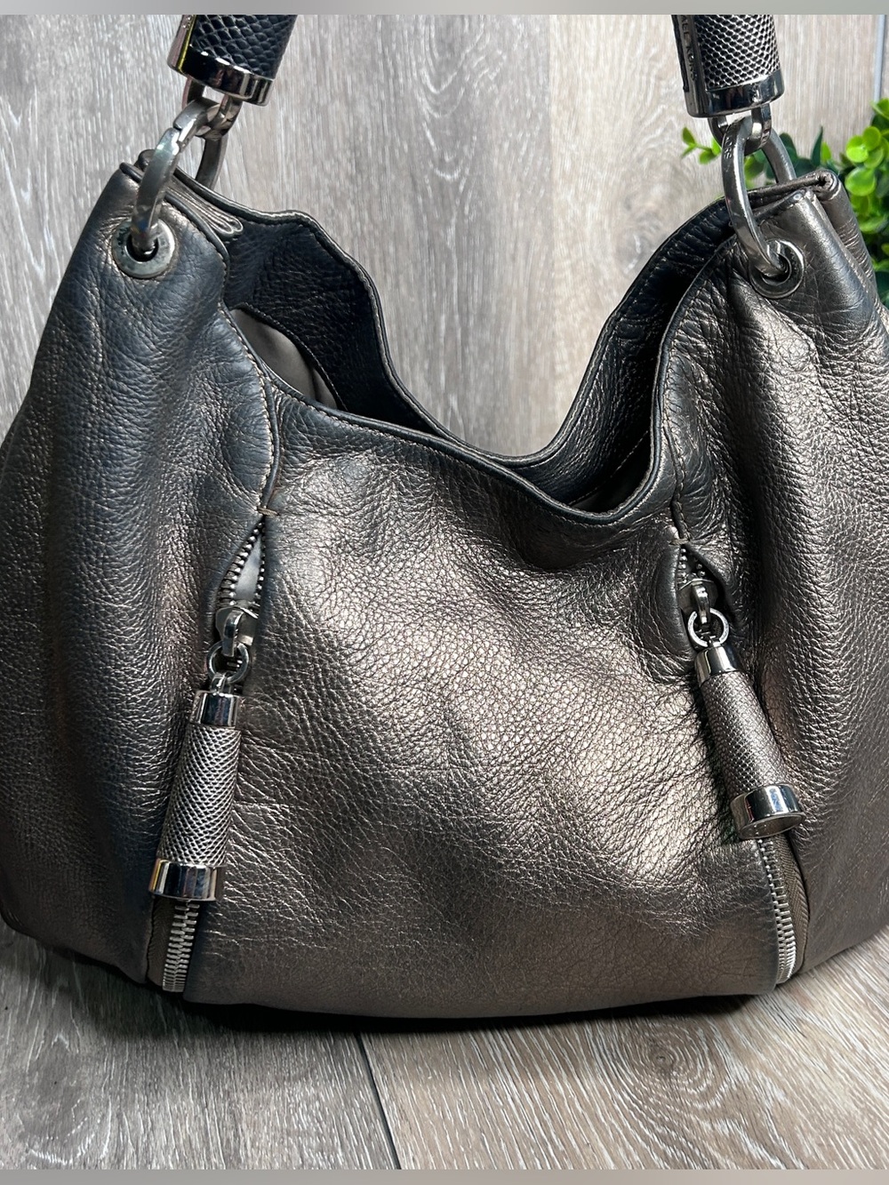 Michael Kors Metallic Gray Leather Shoulder Bag – Tassel Detail, Braided Handle